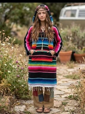 Upcycled Serape Blanket Coat L-1X Hooded Striped Dont Throw It Out